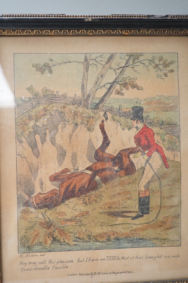 After Henry Thomas Alken (1784-1851), set of six colour prints, Hunting scenes, published by Thomas Mclean, 1826, 27 x 22cm. Condition - fair, discolouration throughout